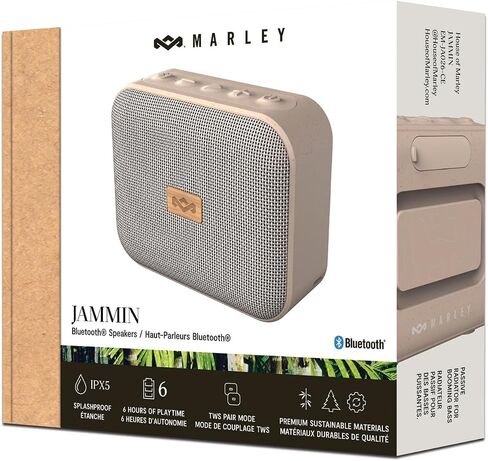 House of Marley Jammin' Portable Bluetooth Speaker, IPX5 Splashproof, 6-Hour Playtime, TWS Pair Mode, Eco-Friendly Design with Recycled Materials, Includes Lanyard, Compact Size (Cream) in Kuwait