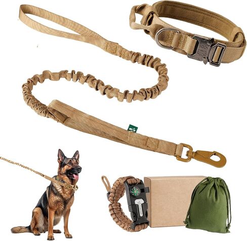 Tactical Dog Collar and Leash Set, Adjustable Large Dog Training Collar with Handle,Heavy Duty Metal Buckle for Dogs,and 6 in 1 Adjustable Paracord Bracelet (Khaki, L) in Kuwait