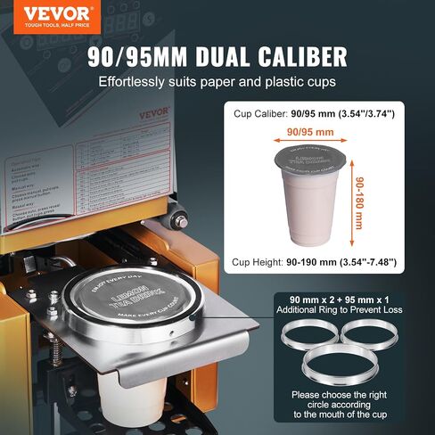 VEVOR Cup Sealing Machine, Full Automatic Cup Sealer Machine for Electric Tea Sealer with Digital Control LCD Panel for Bubble Milk Tea Coffee, 500-650 Cups/H, 190 mm Tall & 90/95 mm Cup, Black in Saudi Arabia