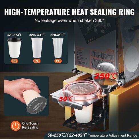 VEVOR Cup Sealing Machine, Full Automatic Cup Sealer Machine for Electric Tea Sealer with Digital Control LCD Panel for Bubble Milk Tea Coffee, 500-650 Cups/H, 190 mm Tall & 90/95 mm Cup, Black in Saudi Arabia