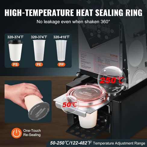 VEVOR Cup Sealing Machine, Full Automatic Cup Sealer Machine for Electric Tea Sealer with Digital Control LCD Panel for Bubble Milk Tea Coffee, 500-650 Cups/H, 190 mm Tall & 90/95 mm Cup, Black in Saudi Arabia