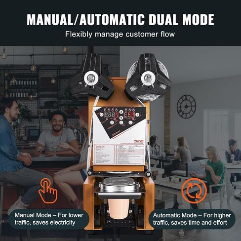 VEVOR Cup Sealing Machine, Full Automatic Cup Sealer Machine for Electric Tea Sealer with Digital Control LCD Panel for Bubble Milk Tea Coffee, 500-650 Cups/H, 190 mm Tall & 90/95 mm Cup, Black in Saudi Arabia