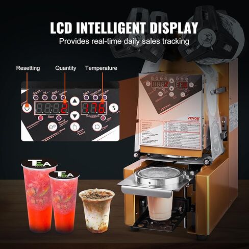 VEVOR Cup Sealing Machine, Full Automatic Cup Sealer Machine for Electric Tea Sealer with Digital Control LCD Panel for Bubble Milk Tea Coffee, 500-650 Cups/H, 190 mm Tall & 90/95 mm Cup, Black in Saudi Arabia