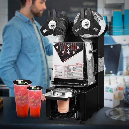 VEVOR Cup Sealing Machine, Full Automatic Cup Sealer Machine for Electric Tea Sealer with Digital Control LCD Panel for Bubble Milk Tea Coffee, 500-650 Cups/H, 190 mm Tall & 90/95 mm Cup, Black in Saudi Arabia