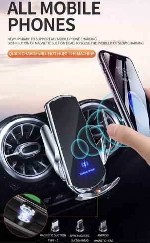 HITech Pro Upgraded Smart 15W Qi Fast Car Wireless Charger Holder AirVent Mount, with Magnetic Connectors, Compatible with All Wireless Charging Mobile iPhone Samsung … Silver+ in Saudi Arabia