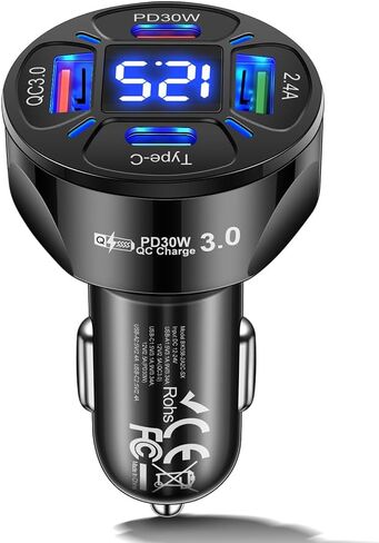 4 USB Car Charger, PD30W &QC3.0 Multi Port Fast Charging Car Charger Adapter with Voltmeter Compatible with iPhone, Android, Samsung, iPad Pro (Black) in Saudi Arabia