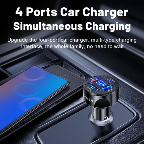 4 USB Car Charger, PD30W &QC3.0 Multi Port Fast Charging Car Charger Adapter with Voltmeter Compatible with iPhone, Android, Samsung, iPad Pro (Black) in Saudi Arabia