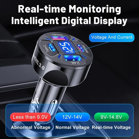 4 USB Car Charger, PD30W &QC3.0 Multi Port Fast Charging Car Charger Adapter with Voltmeter Compatible with iPhone, Android, Samsung, iPad Pro (Black) in Saudi Arabia
