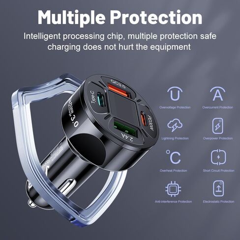 4 USB Car Charger, PD30W &QC3.0 Multi Port Fast Charging Car Charger Adapter with Voltmeter Compatible with iPhone, Android, Samsung, iPad Pro (Black) in Saudi Arabia