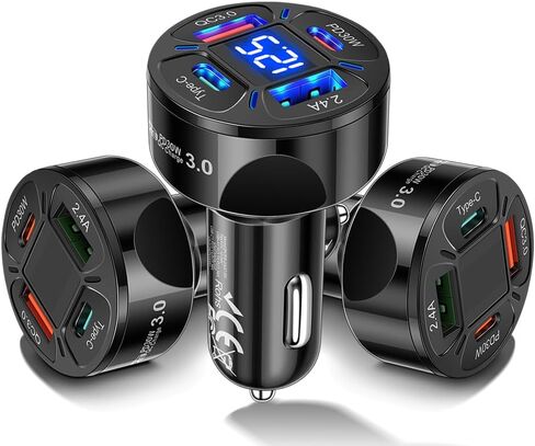 4 USB Car Charger, PD30W &QC3.0 Multi Port Fast Charging Car Charger Adapter with Voltmeter Compatible with iPhone, Android, Samsung, iPad Pro (Black) in Saudi Arabia