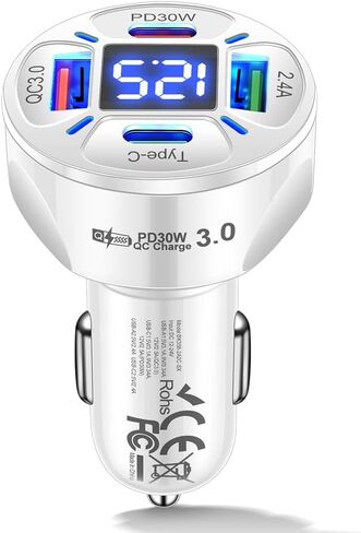 4 USB Car Charger, PD30W &QC3.0 Multi Port Fast Charging Car Charger Adapter with Voltmeter Compatible with iPhone, Android, Samsung, iPad Pro (Black) in Saudi Arabia