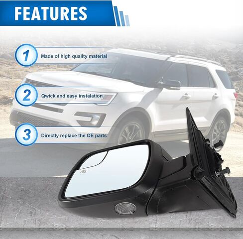 مجموعة مرآة الجانب الأيمن للركاب تناسب 2011-2019 Ford Explorer مع زجاج الطاقة العمياء للكشف عن النقطة العمياء وإشارة الانعطاف الساخنة ومطابقة ضوء البركة باللون الأسود استبدال FO1321617 (9 دبابيس) in Kuwait