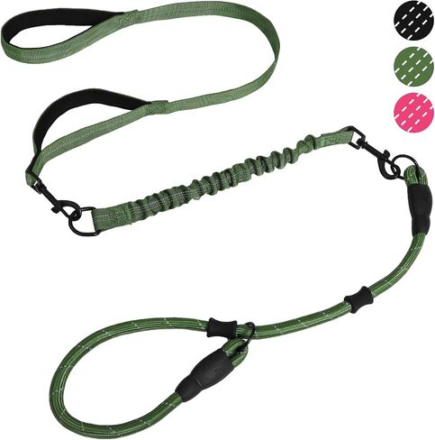 KOOLTAIL Bungee Dog Leash, Reflective Long Tactical Heavy Duty Rope Dog Leash with Dual Padded Handles for Dog Training, Adjustable Removable Multiple Use Green Dog Leash Lead for Medium Large Dogs in Saudi Arabia