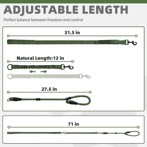 KOOLTAIL Bungee Dog Leash, Reflective Long Tactical Heavy Duty Rope Dog Leash with Dual Padded Handles for Dog Training, Adjustable Removable Multiple Use Green Dog Leash Lead for Medium Large Dogs in Saudi Arabia