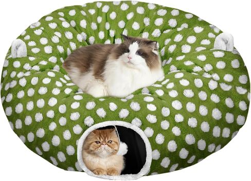 Cat Tunnel Bed for Indoor Cats, Versatile 2-in-1 Play Tunnel with Washable Circle Cushion, Soft Plush Cozy Cat Cave Donut Tunnel for Kitten/Puppy/Rabbit in Saudi Arabia