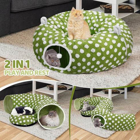 Cat Tunnel Bed for Indoor Cats, Versatile 2-in-1 Play Tunnel with Washable Circle Cushion, Soft Plush Cozy Cat Cave Donut Tunnel for Kitten/Puppy/Rabbit in Saudi Arabia
