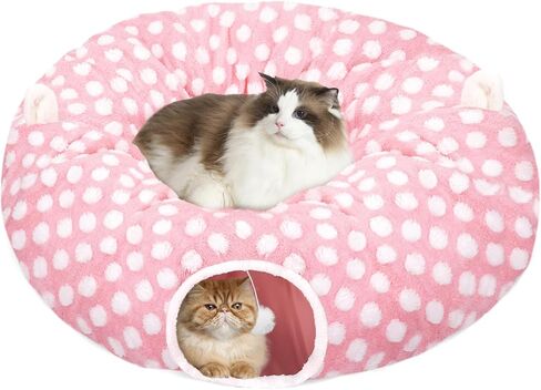 Cat Tunnel Bed for Indoor Cats, Versatile 2-in-1 Play Tunnel with Washable Circle Cushion, Soft Plush Cozy Cat Cave Donut Tunnel for Kitten/Puppy/Rabbit in Saudi Arabia