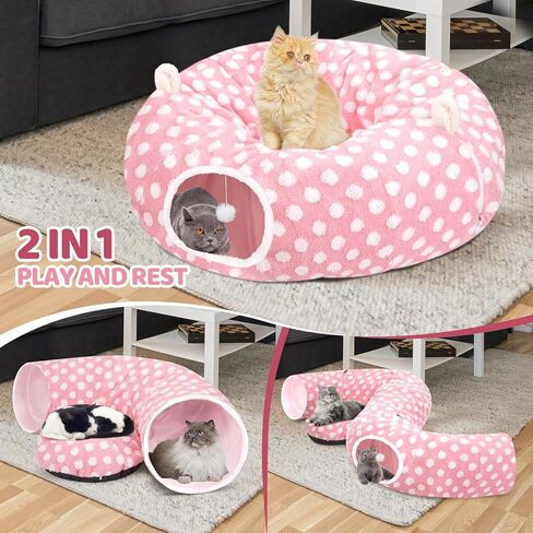 Cat Tunnel Bed for Indoor Cats, Versatile 2-in-1 Play Tunnel with Washable Circle Cushion, Soft Plush Cozy Cat Cave Donut Tunnel for Kitten/Puppy/Rabbit in Saudi Arabia