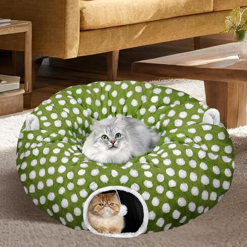Cat Tunnel Bed for Indoor Cats, Versatile 2-in-1 Play Tunnel with Washable Circle Cushion, Soft Plush Cozy Cat Cave Donut Tunnel for Kitten/Puppy/Rabbit in Saudi Arabia