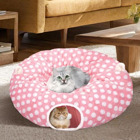 Cat Tunnel Bed for Indoor Cats, Versatile 2-in-1 Play Tunnel with Washable Circle Cushion, Soft Plush Cozy Cat Cave Donut Tunnel for Kitten/Puppy/Rabbit in Saudi Arabia