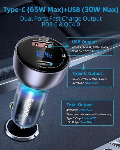 شاحن سيارة Baseus 65W USB C، شاحن سيارة من النوع C PPS PD3.0 QC4.0 45W شحن فائق السرعة مع شاشة LED متوافق مع iPhone 14/13/12 Pro Max وSamsung S22 S21 Ultra/Tab S8 وMacBook وiPad وأجهزة الكمبيوتر المحمولة in Kuwait