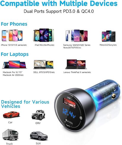 شاحن سيارة Baseus 65W USB C، شاحن سيارة من النوع C PPS PD3.0 QC4.0 45W شحن فائق السرعة مع شاشة LED متوافق مع iPhone 14/13/12 Pro Max وSamsung S22 S21 Ultra/Tab S8 وMacBook وiPad وأجهزة الكمبيوتر المحمولة in Kuwait