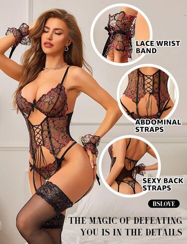 RSLOVE Womens Lingerie Set Sexy - Lace Bodysuit Garter Teddy Lingerie Deep V with Wrist Band 3 Piece Mesh in Kuwait