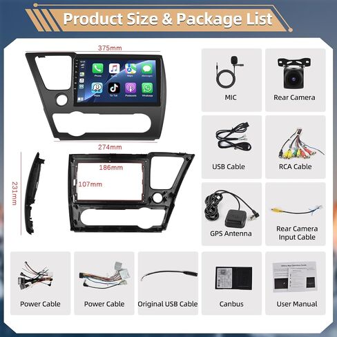 Podofo 8 Core 6+128G Car Stereo Radio for Honda Civic 2013 2014 2015 2016 2017 with Apple CarPlay Android Auto 10" Touch Screen Audio GPS Navi Bluetooth Mirror Link WiFi EQ RDS Hi-Fi Backup Camera in Saudi Arabia