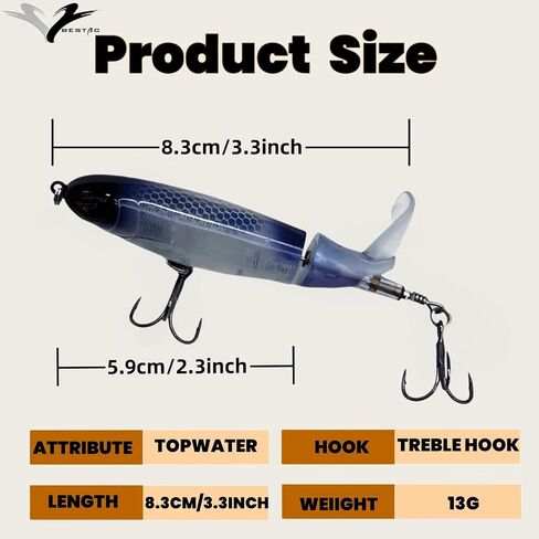 Bestac Topwater Fishing Lures Set Popper Lures for Bass Catfish Pike Perch Bass Lures with Floating Rotating Tail Artificial Hard Bait Multiple Colors in Saudi Arabia