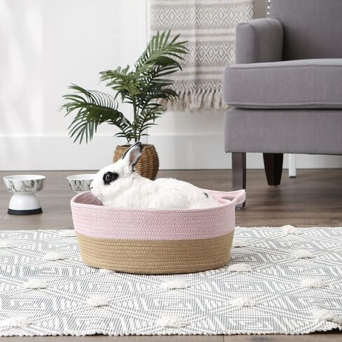 مجموعة تخزين الحيوانات الأليفة الجافة من Bone Dry Pet سلة/سرير من الحبال القطنية المزخرفة، مقاس 15.75x6.25، آذان قطط باللون الوردي/البيج in Saudi Arabia