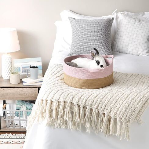 مجموعة تخزين الحيوانات الأليفة الجافة من Bone Dry Pet سلة/سرير من الحبال القطنية المزخرفة، مقاس 15.75x6.25، آذان قطط باللون الوردي/البيج in Saudi Arabia