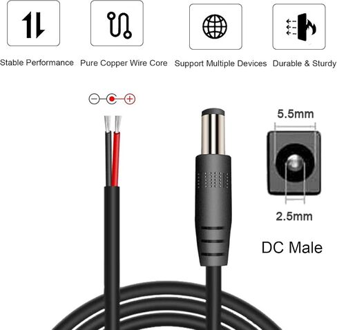 Single 1M/3.3FT 22AWG DC Power 5.5mm x 2.5mm Barrel Male Plug Connector Pigtail，3A 5525 DC Cable Extension 2 Pin Open End to Bare Wire DIY Cord for DC Power Supply Cable Repair in Saudi Arabia