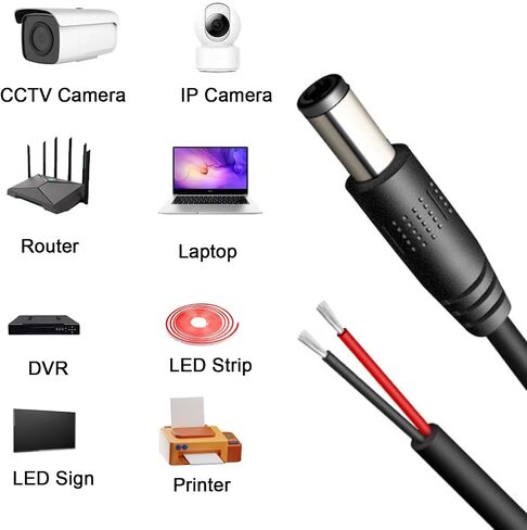 Single 1M/3.3FT 22AWG DC Power 5.5mm x 2.5mm Barrel Male Plug Connector Pigtail，3A 5525 DC Cable Extension 2 Pin Open End to Bare Wire DIY Cord for DC Power Supply Cable Repair in Saudi Arabia