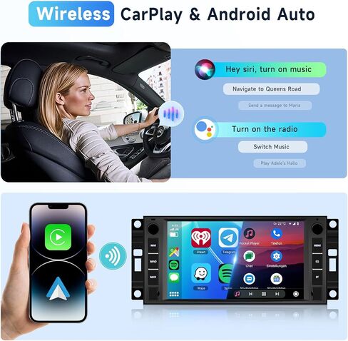 Android Car Stereo for Jeep Wrangler Chevrolet Chrysler Dodge with Wireless Carplay/Android Auto, Bluetooth, WiFi, GPS Navi, 7 Inch HD Touch Screen Upgrade with Double USB, SWC Backup Camera in Saudi Arabia