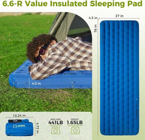 ATEPA Insulated Sleeping Pad 6.6 R-Value Ultralight Backpacking Sleeping Pad for Hiking Camping (1.65lbs) Inflatable Sleeping Pad for Adults, Compact Thick Camping Mattress Pad in Saudi Arabia