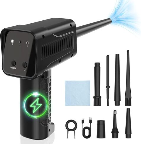 منفضة هواء مضغوط، منفضة هواء كهربائية قابلة لإعادة الشحن للمكتب، علبة هواء بديلة جيدة، منفاخ هواء للكمبيوتر اللاسلكي، منظف منفضة لوحة مفاتيح الكمبيوتر 90000 دورة في الدقيقة مع 8 مصابيح LED، 7500 مللي أمبير في الساعة، 3 أوضاع للسرعة in Kuwait