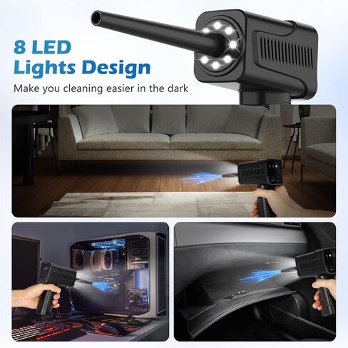 منفضة هواء مضغوط، منفضة هواء كهربائية قابلة لإعادة الشحن للمكتب، علبة هواء بديلة جيدة، منفاخ هواء للكمبيوتر اللاسلكي، منظف منفضة لوحة مفاتيح الكمبيوتر 90000 دورة في الدقيقة مع 8 مصابيح LED، 7500 مللي أمبير في الساعة، 3 أوضاع للسرعة in Kuwait