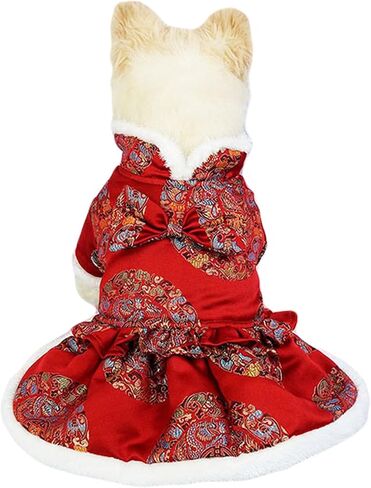SEIS New Year Dog Bowknot Dress Cat Cheongsam Outfit Winter Pet Skirt Costume of The Tang Dynasty Christmas Coat Clothes for Teddy Bichon Small Medium Dogs (Tuanhua, L (Chest Circumference 21.6in)) in Saudi Arabia
