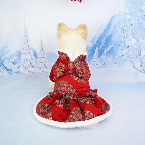 SEIS New Year Dog Bowknot Dress Cat Cheongsam Outfit Winter Pet Skirt Costume of The Tang Dynasty Christmas Coat Clothes for Teddy Bichon Small Medium Dogs (Tuanhua, L (Chest Circumference 21.6in)) in Saudi Arabia