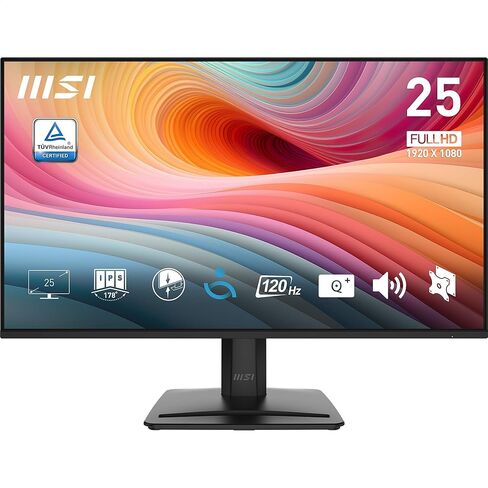 شاشة مكتب الألعاب MSI PRO MP251 E2 مقاس 24.5 بوصة IPS 1920 x 1080 (FHD)، 120 هرتز، مزامنة تكيفية، HDR جاهزة، HDMI، منفذ VGA، منفذ عرض، قابل للتركيب، إمالة، مكبر صوت، 1 مللي ثانية، أسود in Saudi Arabia