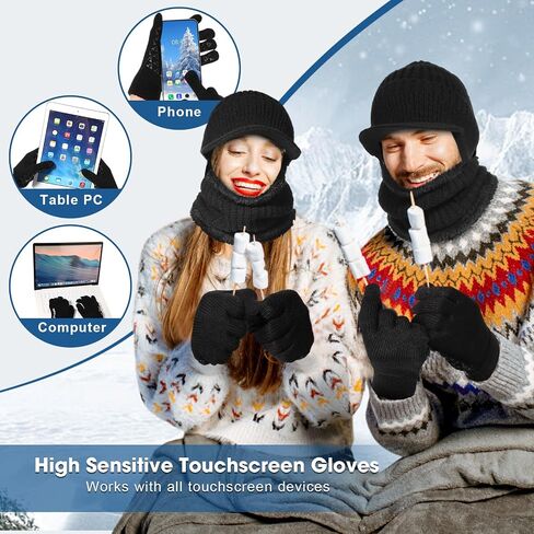 Geyoga 3 Pcs Winter Beanie Hat Neck Warmer Touchscreen Gloves Set for Men Knit Hat with Brim Ear Flap Scarf Soft Warm Gloves Black in Saudi Arabia