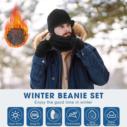 Geyoga 3 Pcs Winter Beanie Hat Neck Warmer Touchscreen Gloves Set for Men Knit Hat with Brim Ear Flap Scarf Soft Warm Gloves Black in Saudi Arabia