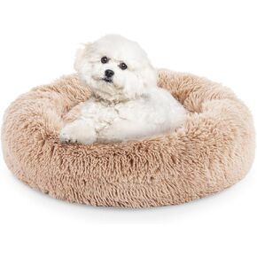 FluffyDream 24'' Dog Bed - Round Donut Washable Dog and Cat Bed in Shag Fur, Calming Dog Beds, Brown