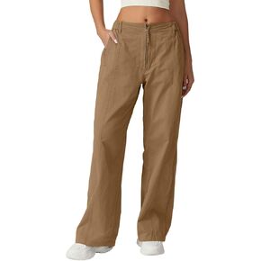 QINSEN Womens Zip Front Wide Leg Long Pants High Waist Causal Cargo Pants Cotton Pocket Palazzo Pants
