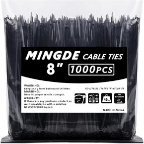 Cable Ties 8" (1000 Pack) Black, Tensile Strength 45 Lbs., Multi-purpose Uv Resistant Nylon Cable Ties, Self-locking Plastic Cable Ties, Cable Ties for Indoor and Outdoor Use