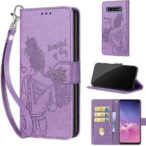 Designed for Samsung Galaxy S10 Case Wallet,Women Flip Folio Cover with Embossed PU Leather Stand Credit Card Holders Slots Wrist Strap Phone Case for Samsung S10 6.1 Inch (Purple Girl)