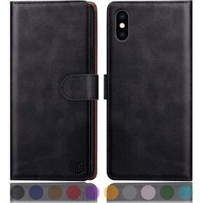SUANPOT for iPhone X/XS 5.8"(Non XS Max 6.5") with RFID Blocking Leather Wallet case Credit Card Holder, Flip Folio Book Phone case Shockproof Cover for Women Men for Apple X/Xs case Wallet Black