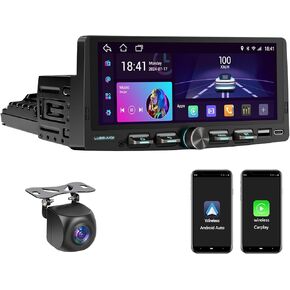 Single Din Android System Car Stereo Wireless CarPlay Android Auto, 6.86 Inch Touchscreen 2G+32G Car Radio with Backup Camera, GPS Navigation, WiFi, Bluetooth, SWC, DSP