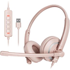 Computer USB Headset with Microphone for PC Laptop - WiredHeadphones with in-Line Control, Lightweight, Enhanced Sound & MIC Mute(Pink)