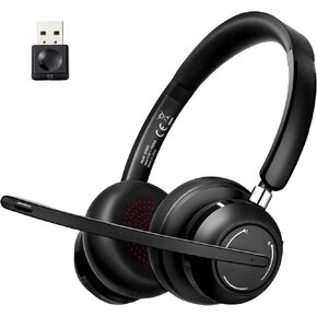 Wireless Headset with Microphone for Work, Bluetooth Headphones with USB Dongle, Bluetooth Noise Cancelling Headphones with Mic for PC Computer Office Zoom Skype Teams Work Meeting